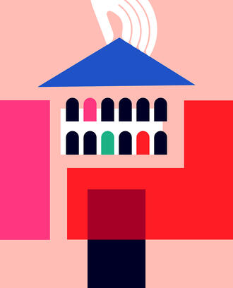 An illlustration of hands holding geometric pieces forming a university