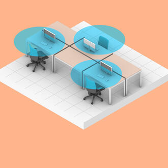 an office floorplan with highlighted desks for social distancing