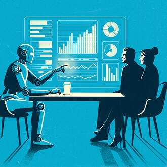 A robot presents financial charts to a couple