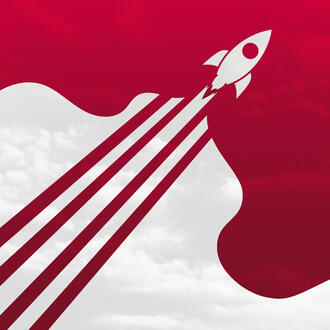 An illustration of a rocket ship blasting out of a patch of clouds