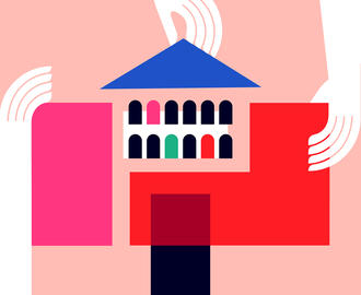 An illlustration of hands holding geometric pieces forming a university